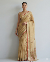 Load image into Gallery viewer, Saanvi Bloom Linen Tissue Saree Golden Saree featured