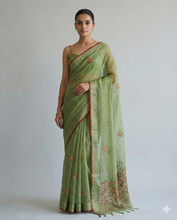 Load image into Gallery viewer, Saanvi Bloom Linen Tissue Saree Green Saree featured