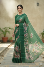 Load image into Gallery viewer, Kusum Floral Muslin Silk Saree green featured