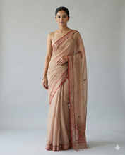 Load image into Gallery viewer, Triveni Linen Tissue saree Terracotta Saree featured