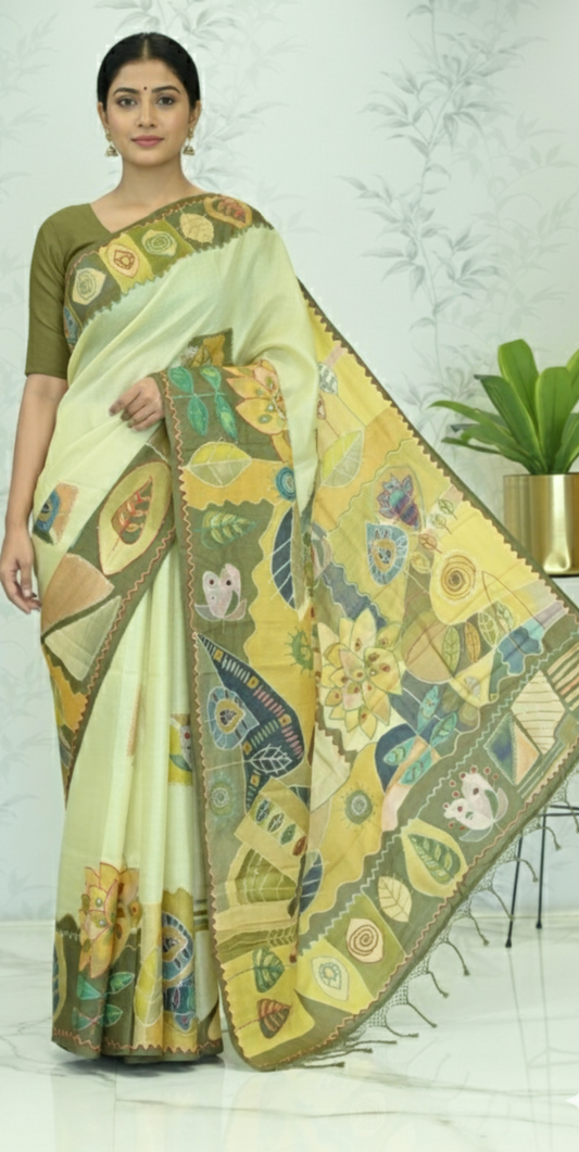 Ruhi Abstract Tussar Silk Saree Light Lime Green featured