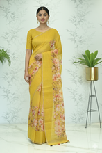 Load image into Gallery viewer, Kusum Floral Muslin Silk Saree mustard yellow featured