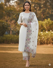 Load image into Gallery viewer, Mosaic Thread Mal Chanderi Kurti Material Light Beige Kurti Set featured