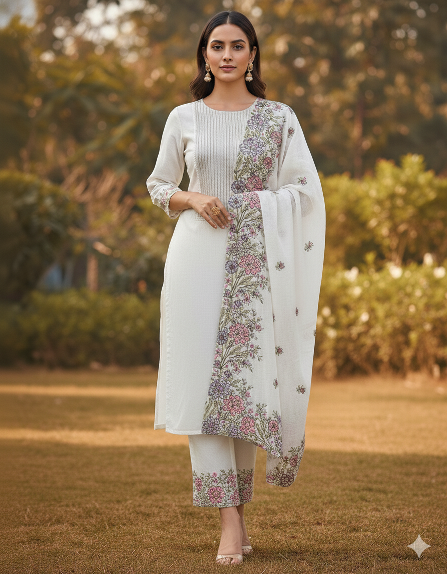 Mosaic Thread Mal Chanderi Kurti Material Light Beige Kurti Set featured