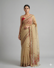 Load image into Gallery viewer, Triveni Linen Tissue saree Golden Saree featured