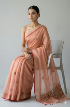 Load image into Gallery viewer, Saanvi Bloom Linen Tissue Saree Orange Saree featured