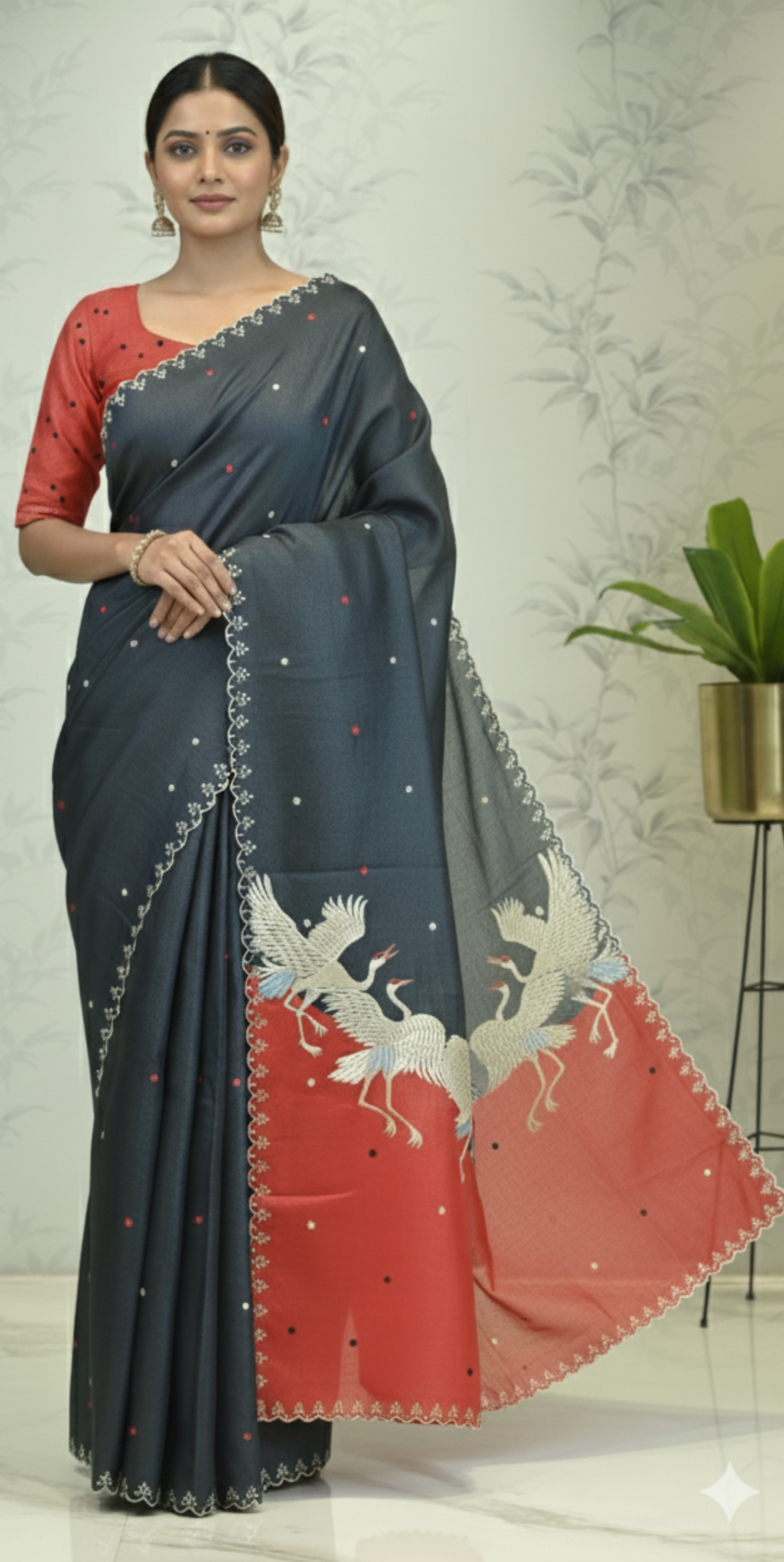 Vanya Flamingo Grace Tussar Silk Saree Gray & Red Saree featured