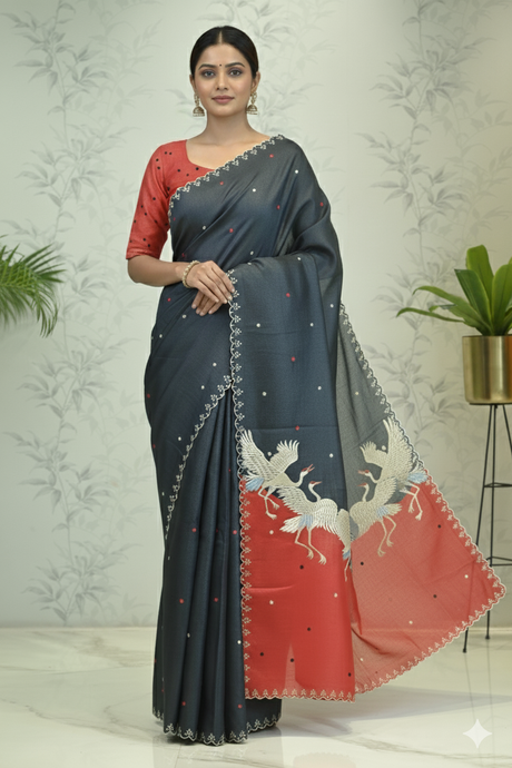 Vanya Flamingo Grace Tussar Silk Saree Gray & Red Saree featured