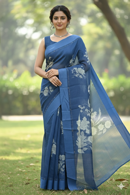 Megha Rose Radiance Tussar Silk Saree Blue Saree featured