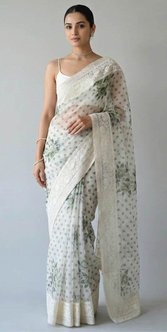 Maya Pure Super Net Saree Green Saree featured