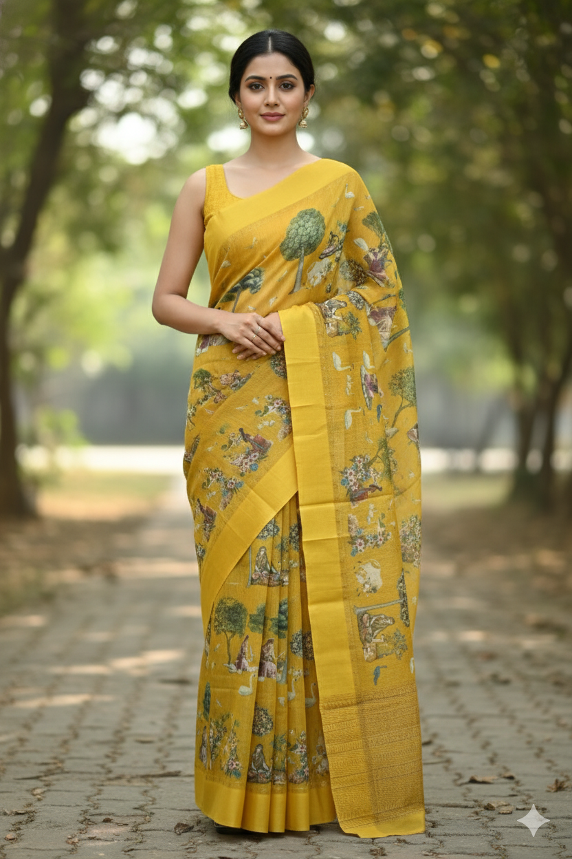 Shalini Pichwai Heritage Tussar Silk Saree Mustard Yellow featured