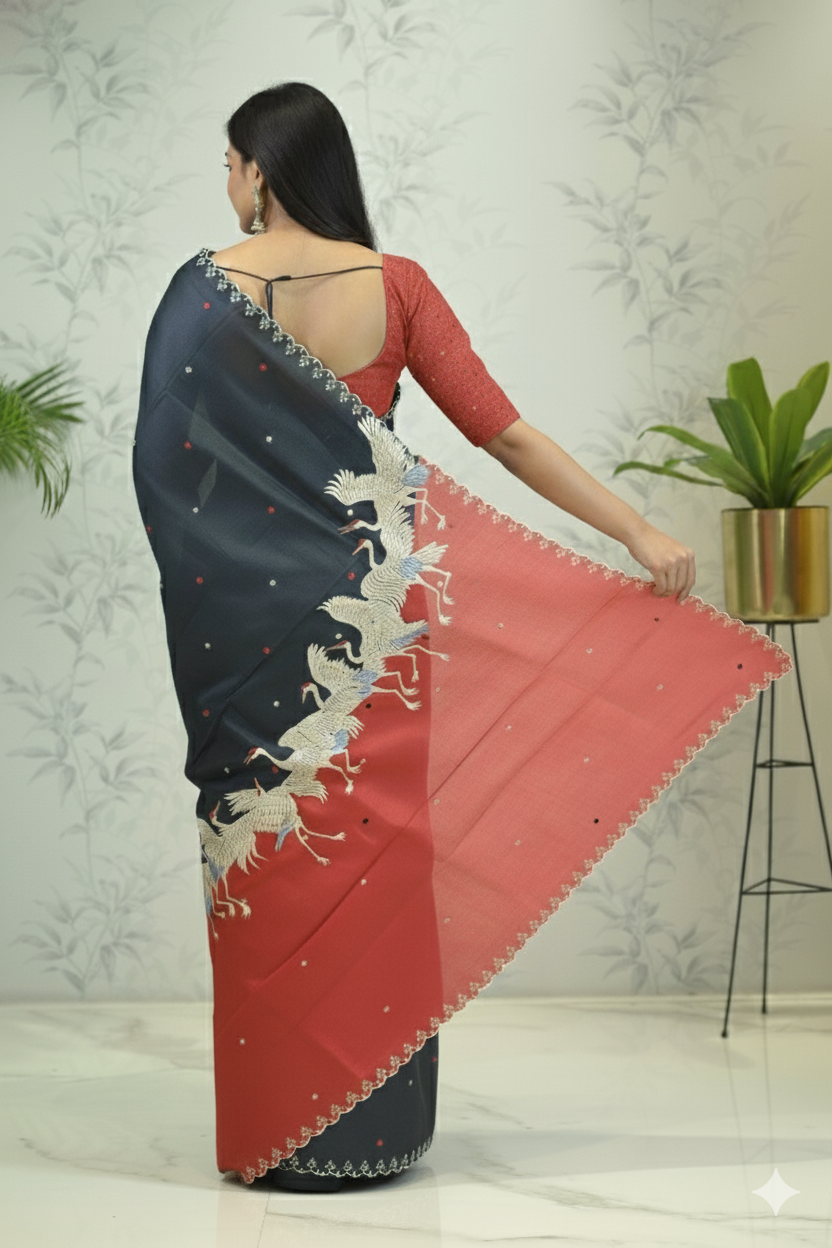 Vanya Flamingo Grace Tussar Silk Saree Gray & Red Saree featured