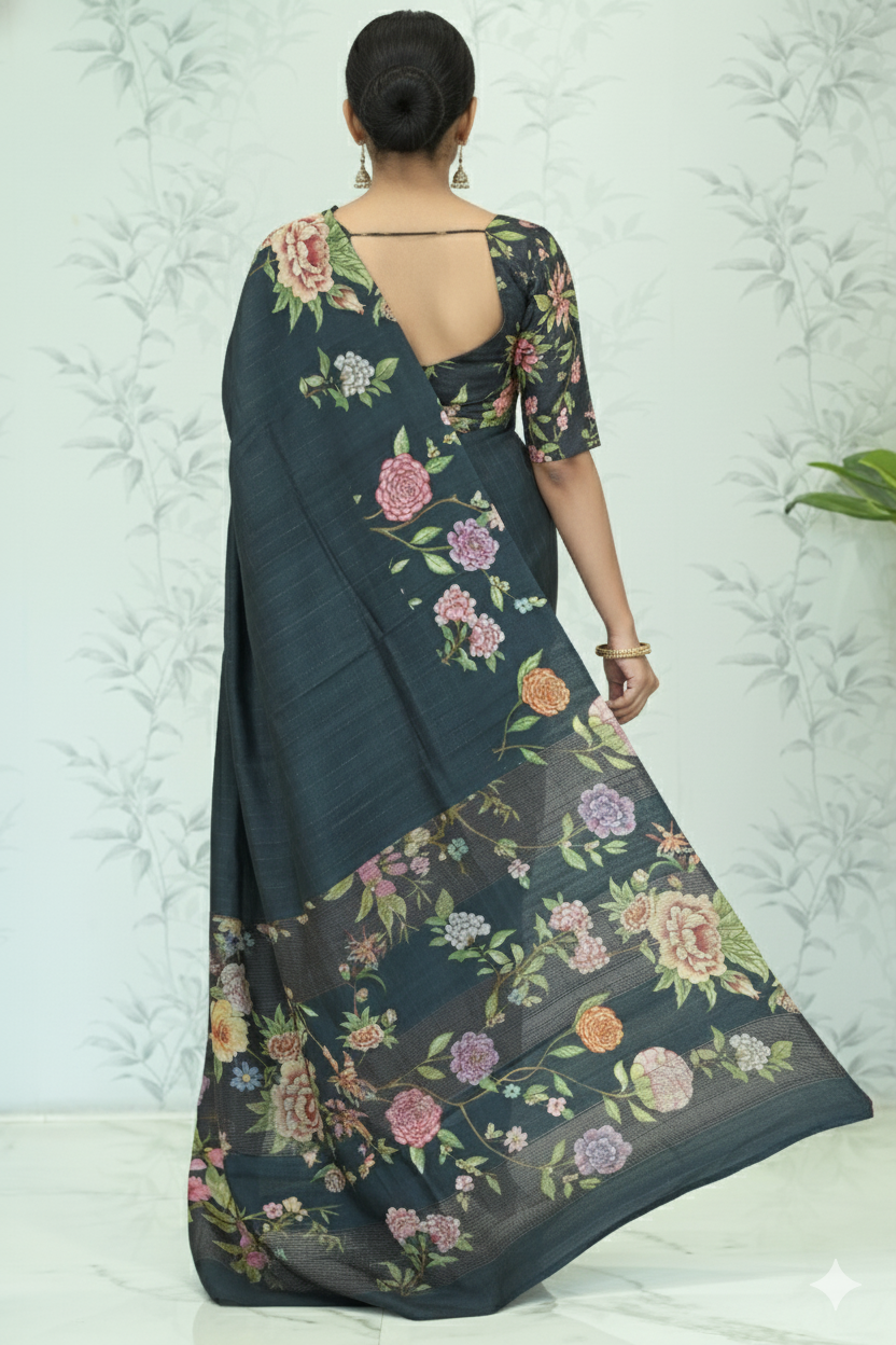 Avni: Zari Check Floral Silk Saree Charcoal Grey featured