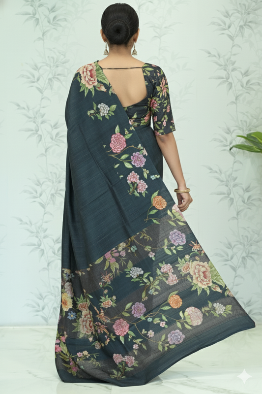 Avni: Zari Check Floral Silk Saree Charcoal Grey featured