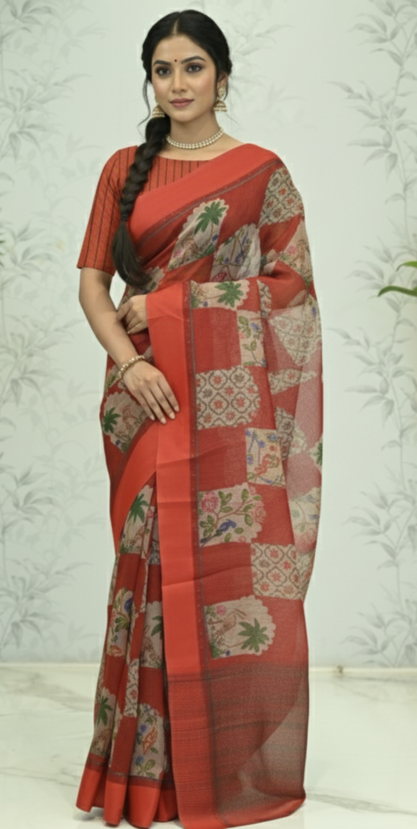 Yasmine Mughal Tussar Silk Saree - Cherry Red featured removed