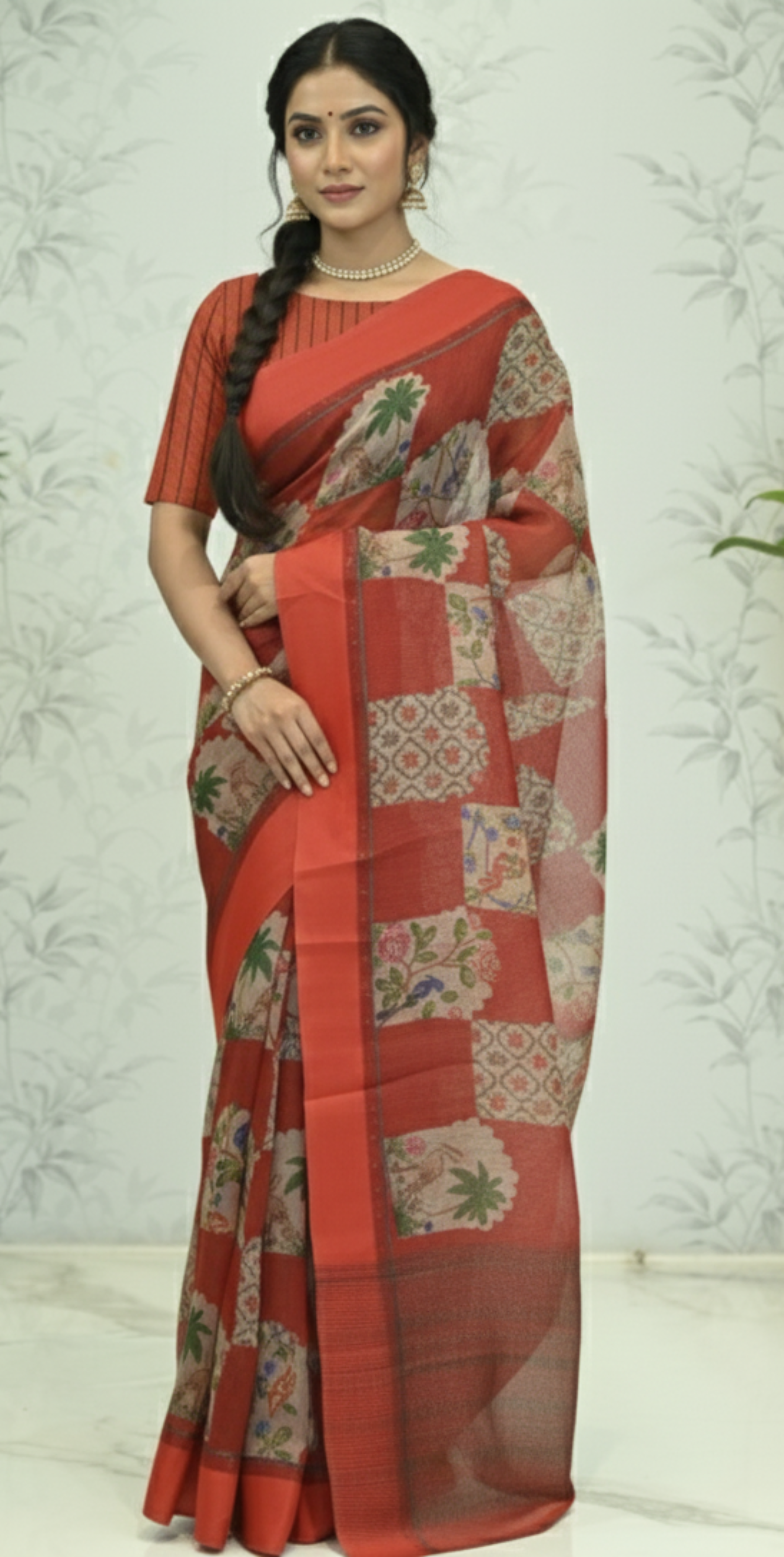 Yasmine Mughal Tussar Silk Saree - Cherry Red featured removed