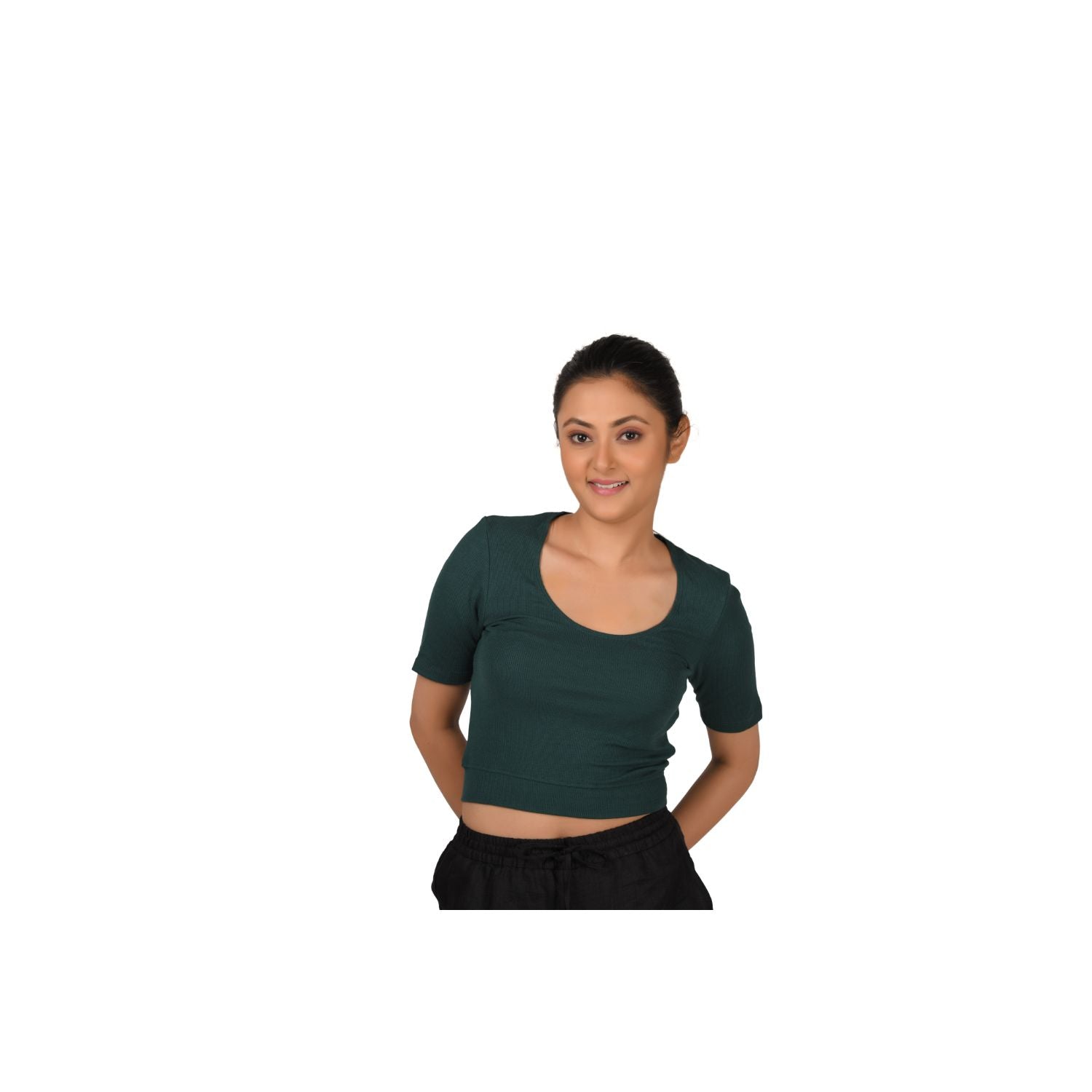 Hosiery Blouse- Regular Deep Round Neck - Green - Blouse featured