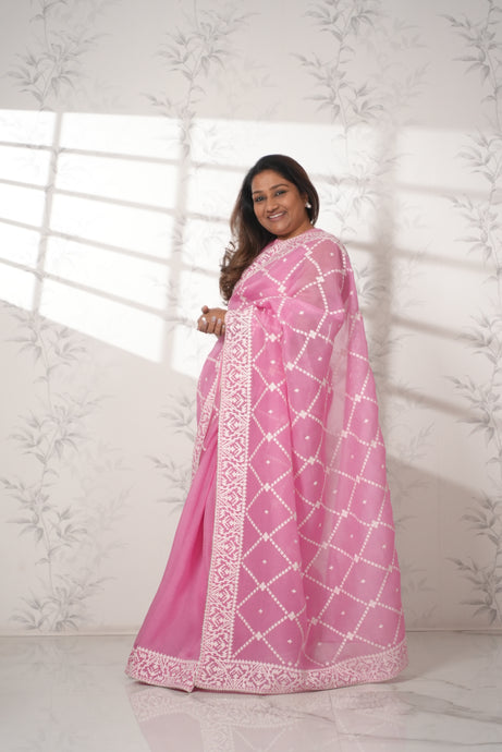 Baby Pink Organza Saree with Thread work Saree