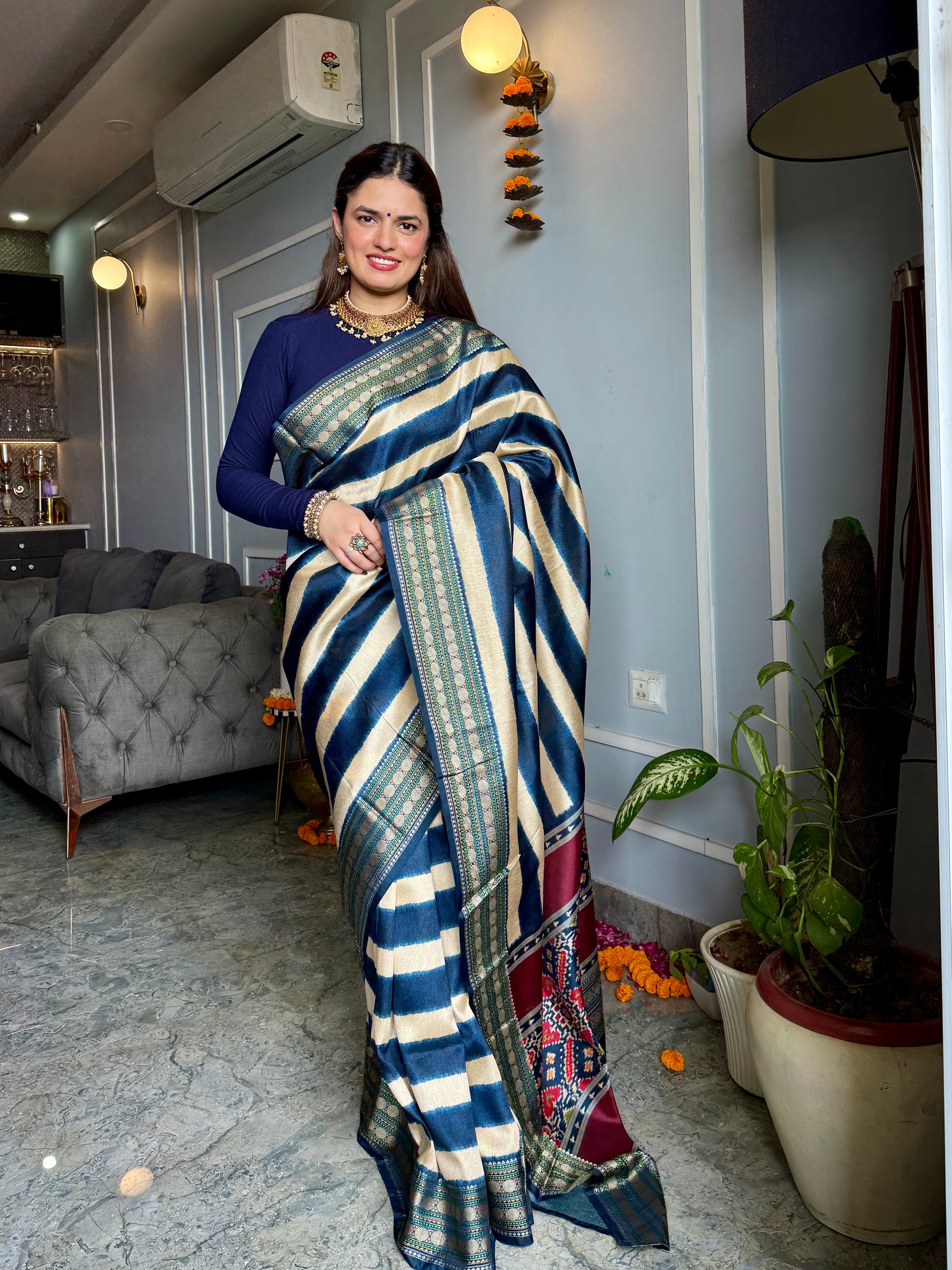 Patola Pallu Saree with Blue Stripes Saree