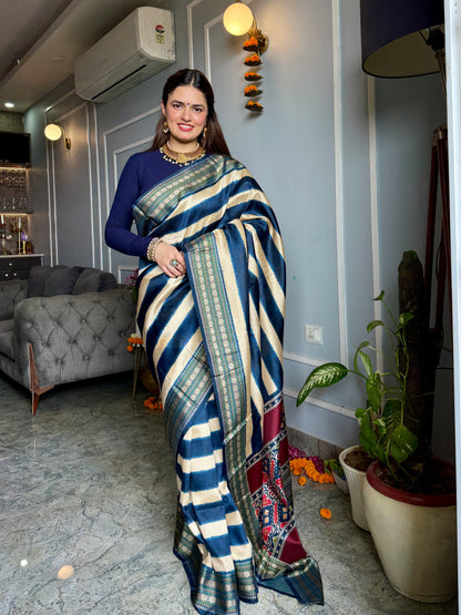 Patola Pallu Saree with Blue Stripes Saree