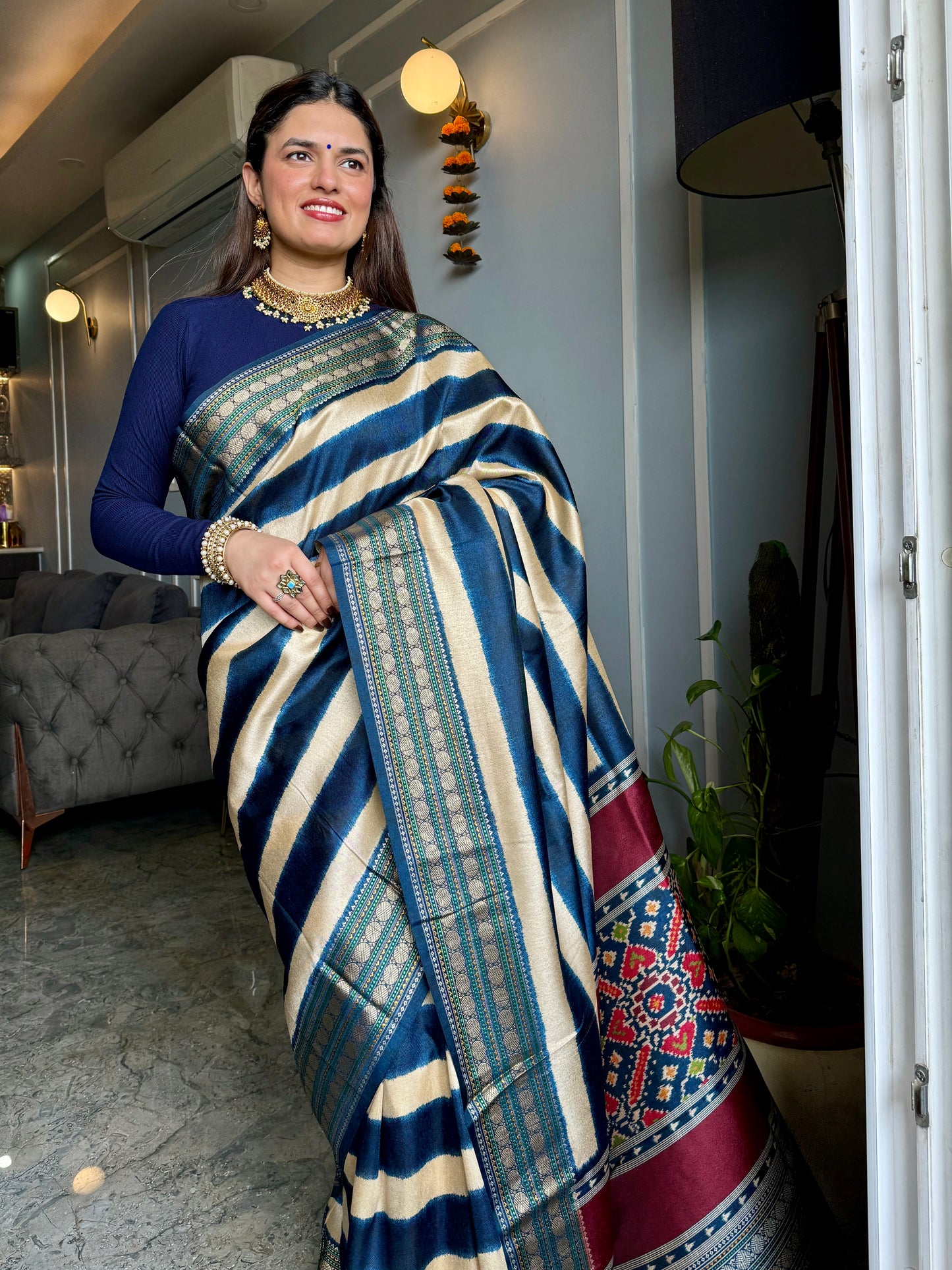 Patola Pallu Saree with Blue Stripes Saree