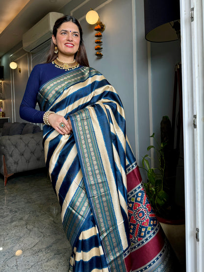 Patola Pallu Saree with Blue Stripes Saree