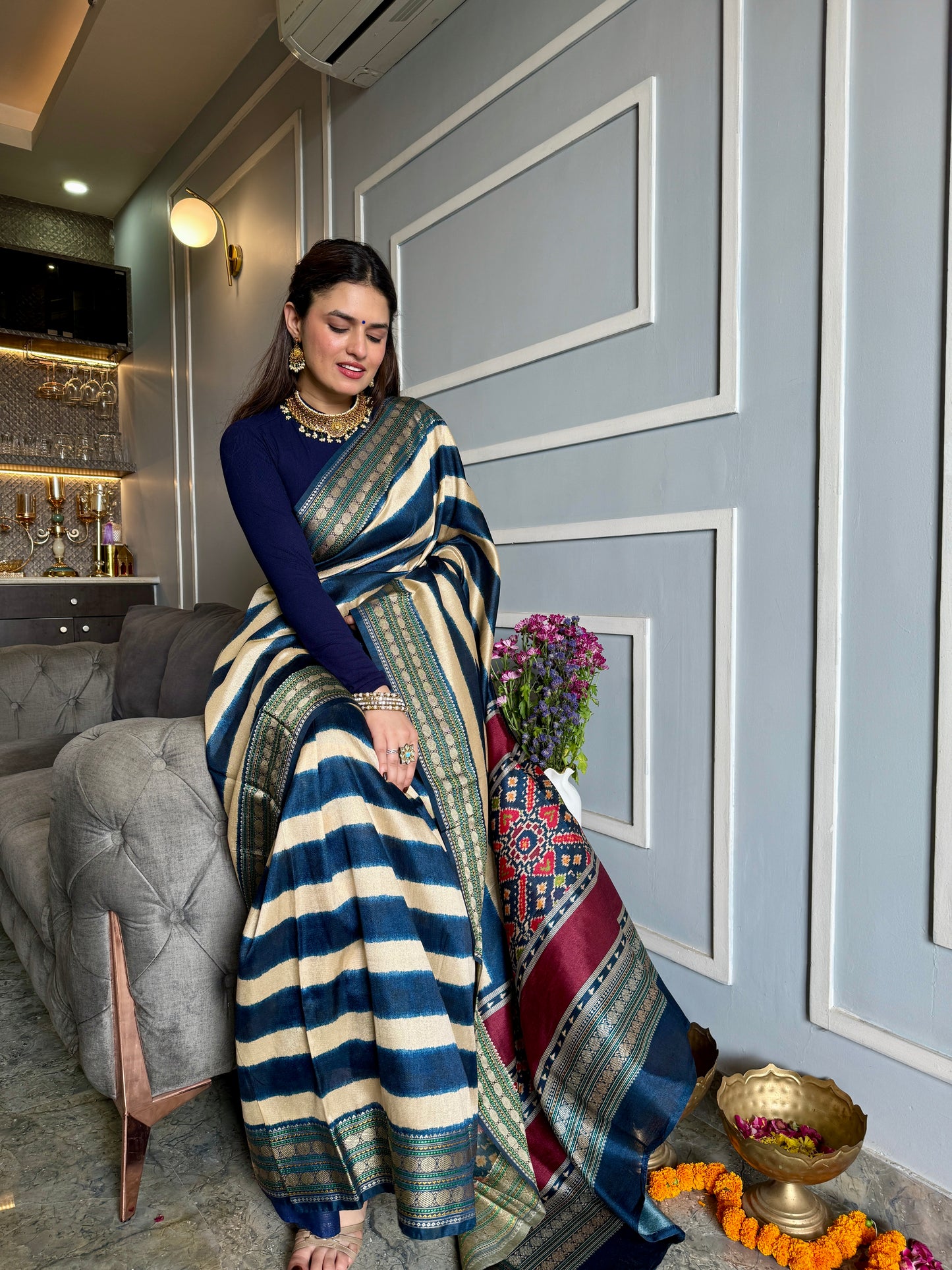 Patola Pallu Saree with Blue Stripes Saree