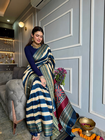Patola Pallu Saree with Blue Stripes Saree
