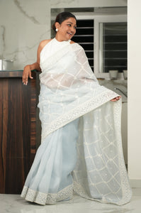 Powder Blue Organza Saree with Threadwork Saree