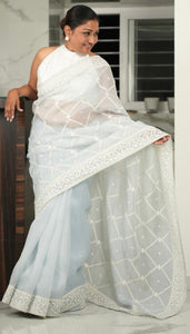 Powder Blue Organza Saree with Threadwork Saree