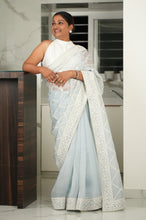 Load image into Gallery viewer, Powder Blue Organza Saree with Threadwork Saree