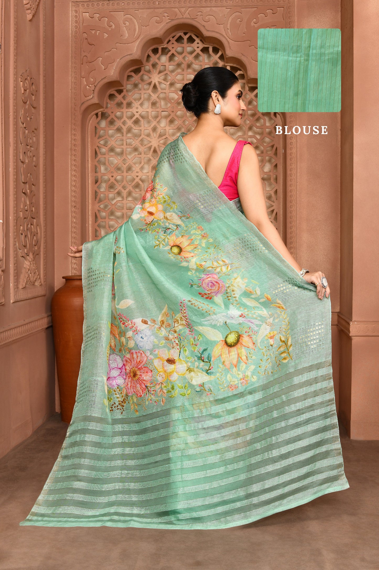 Indira Lenin Kora Saree Pastel mint green featured