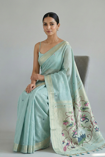 Iraja Mercerized Cotton Garden Saree Mint featured
