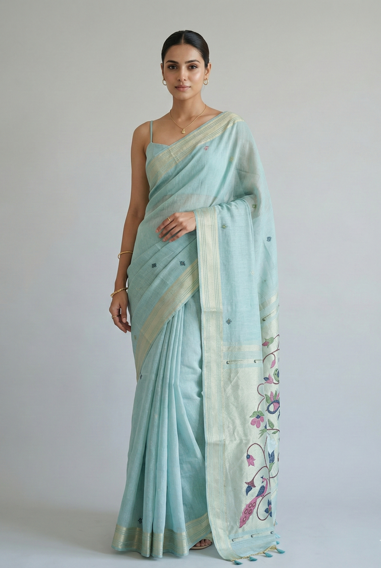 Iraja Mercerized Cotton Garden Saree Mint featured