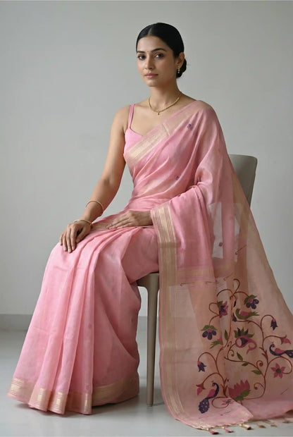 Iraja Mercerized Cotton Garden Saree Pink featured