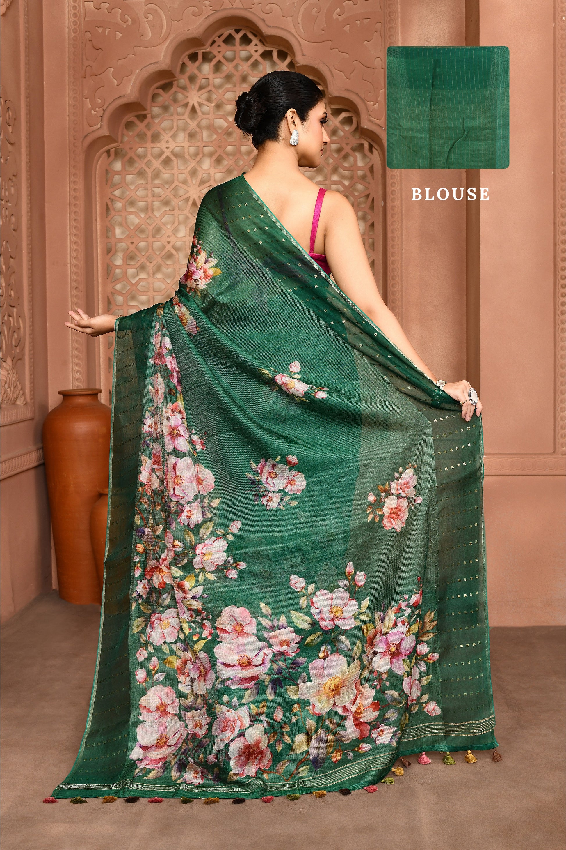Kusum Floral Muslin Silk Saree green featured