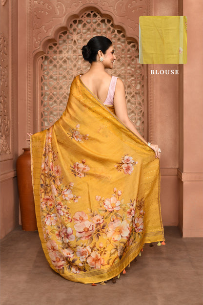 Kusum Floral Muslin Silk Saree mustard yellow featured