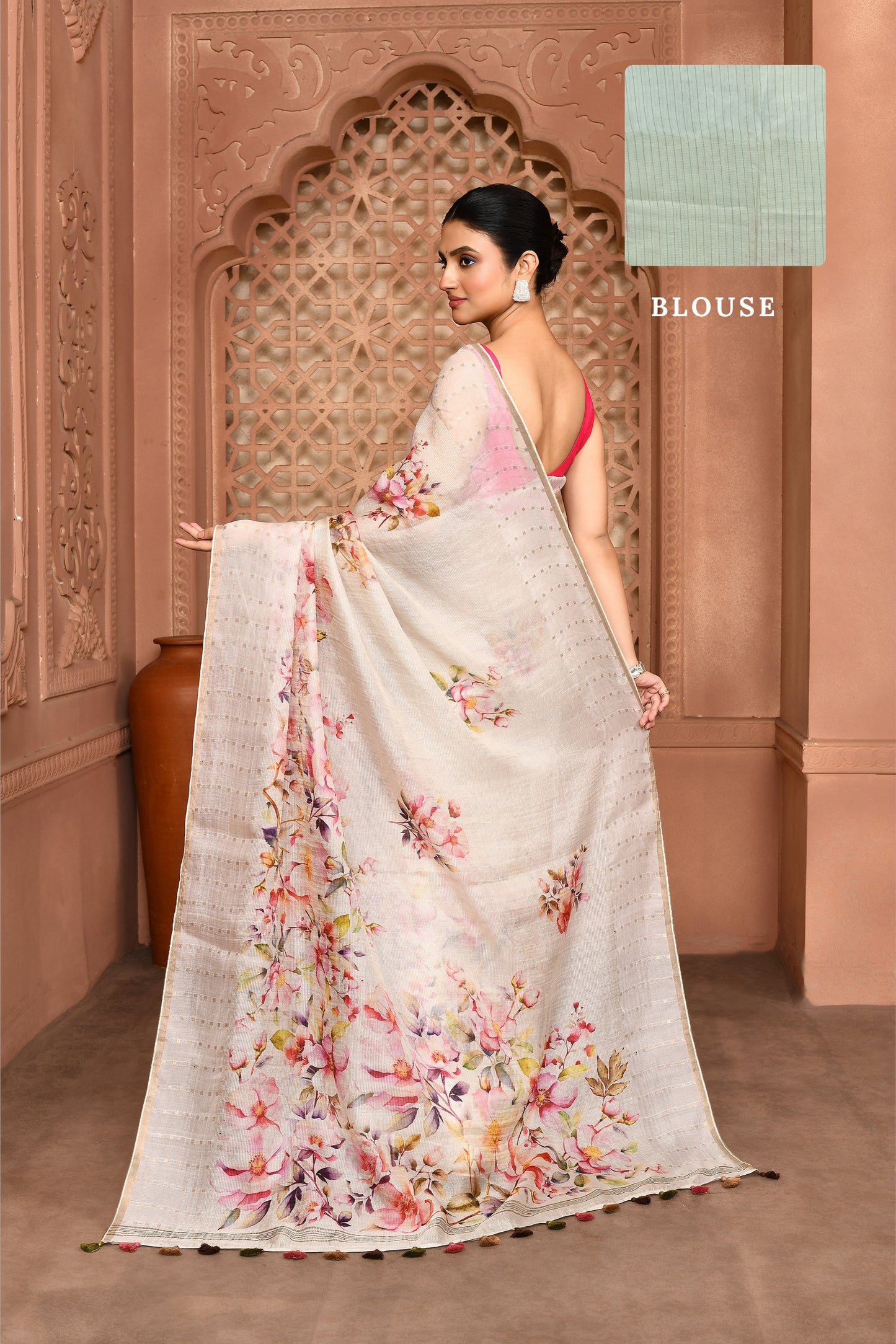 Kusum Floral Muslin Silk Saree white featured