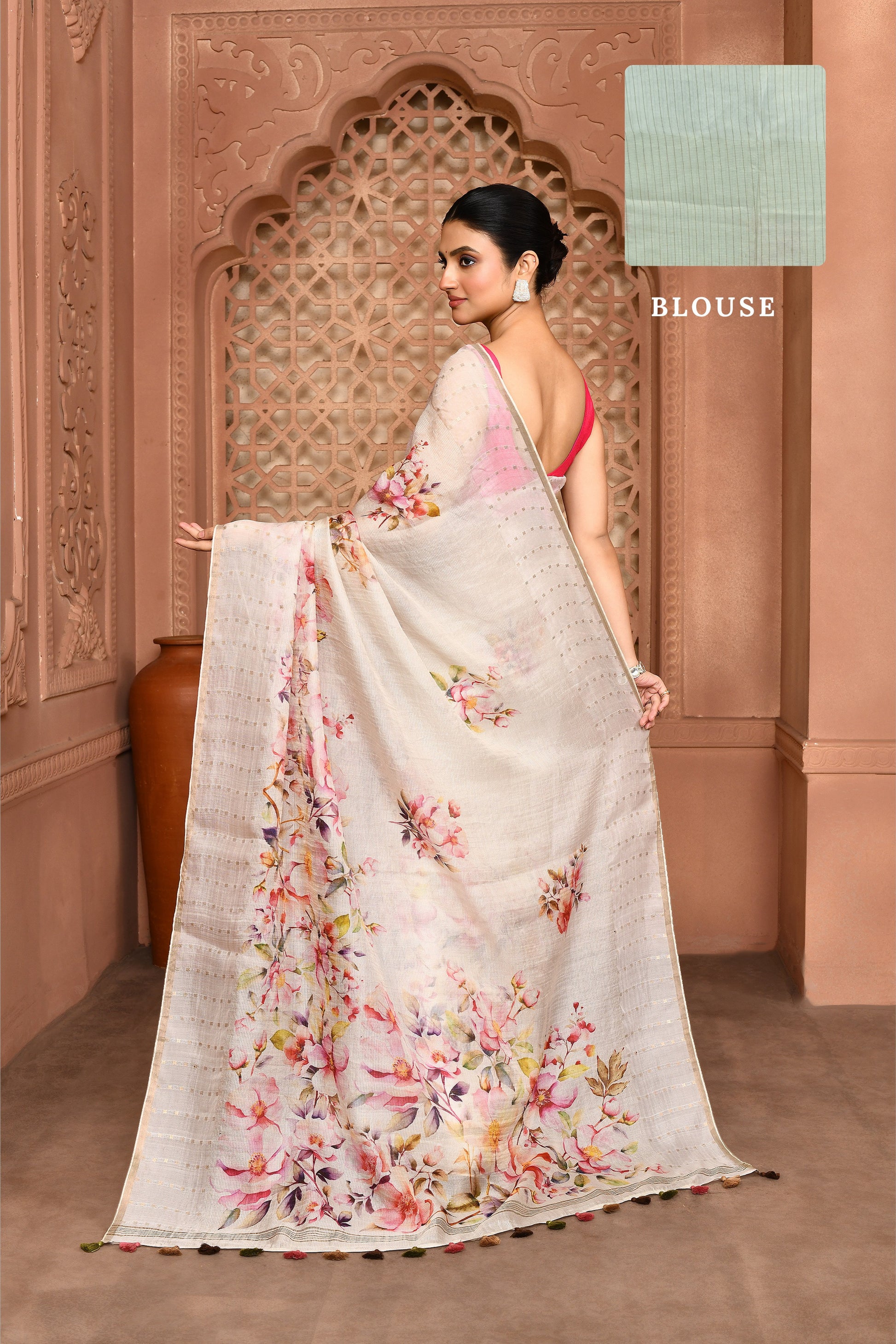 Kusum Floral Muslin Silk Saree white featured