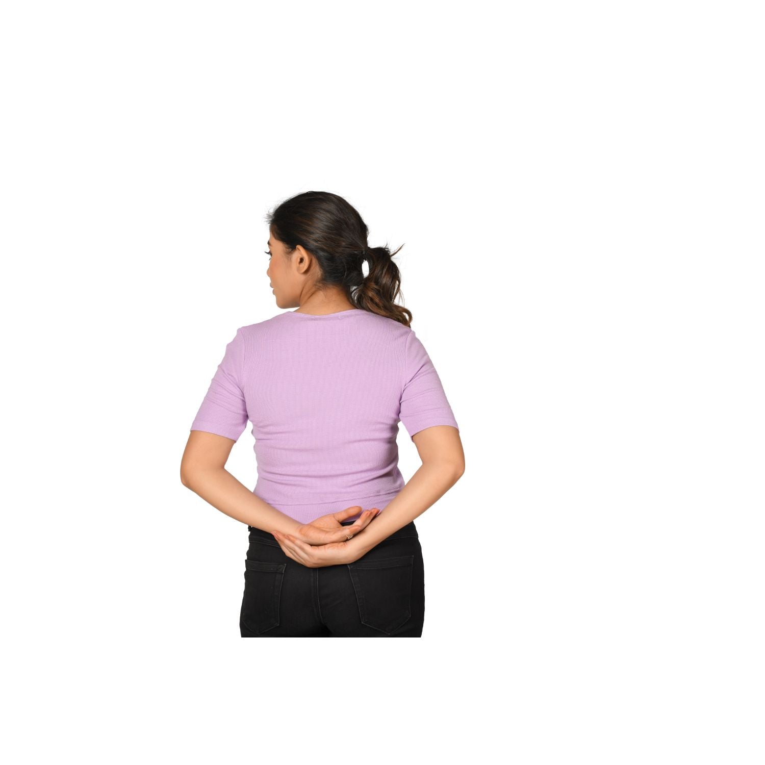 Hosiery Blouse- Regular Deep Round Neck - Lavender - Blouse featured