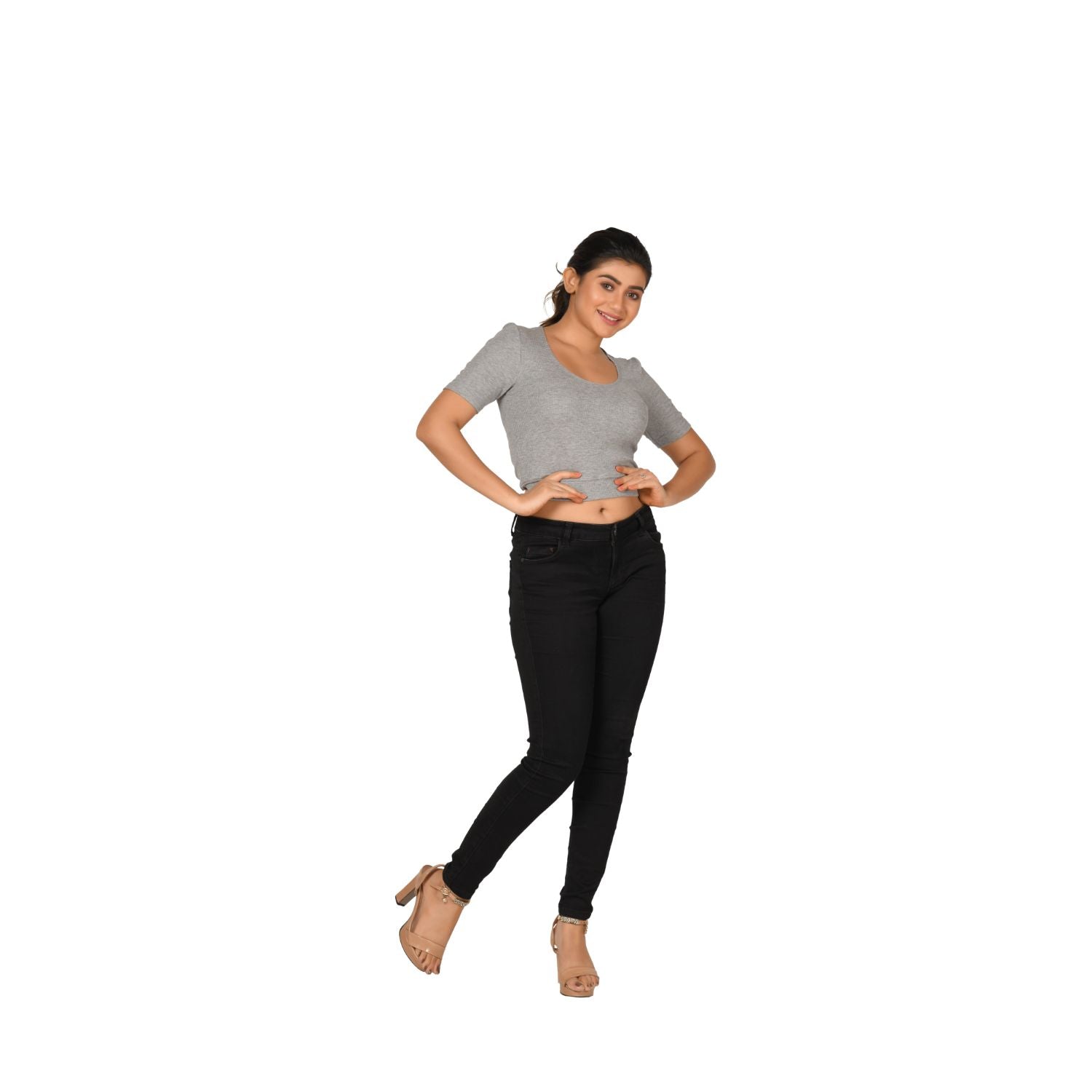 Hosiery Blouse- Regular Deep Round Neck - Light Grey - Blouse featured