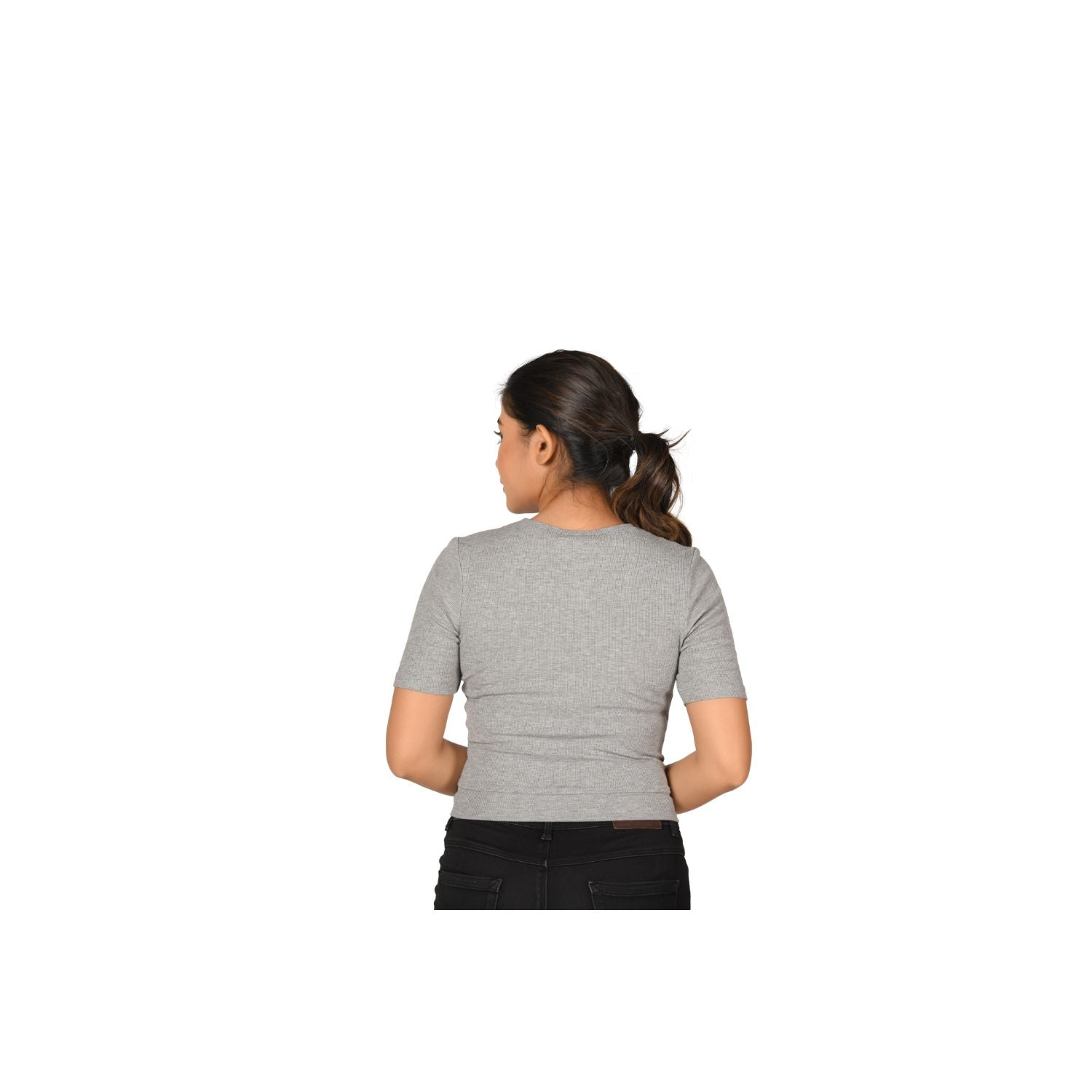 Hosiery Blouse- Regular Deep Round Neck - Light Grey - Blouse featured