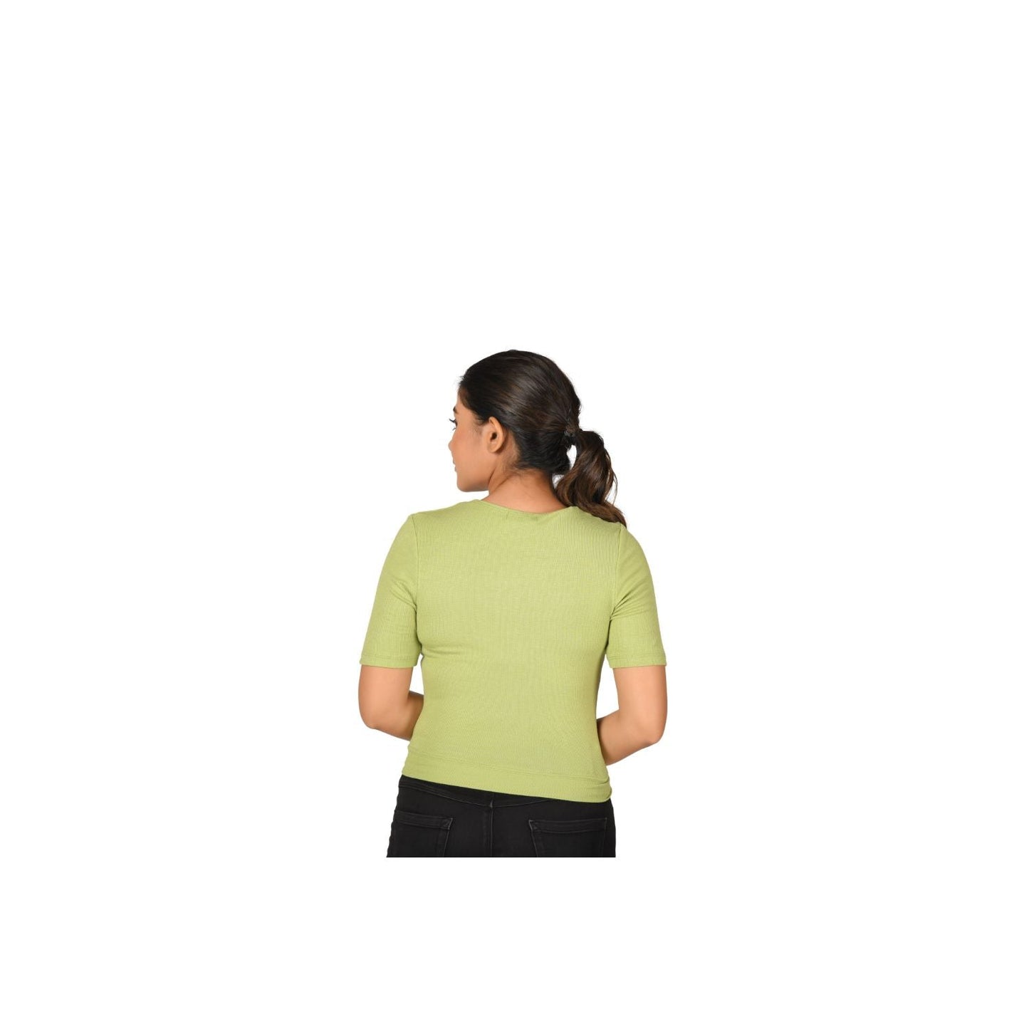 Hosiery Blouse- Regular Deep Round Neck - Lime Green - Blouse featured