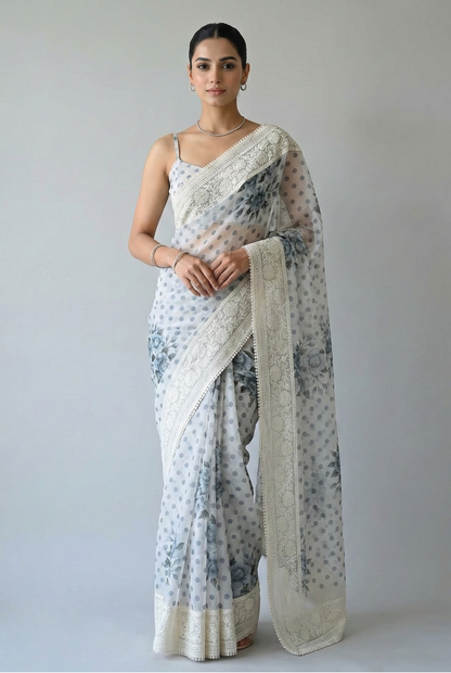 Maya Pure Super Net Saree Blue Saree featured