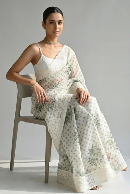 Maya Pure Super Net Saree Green Saree featured