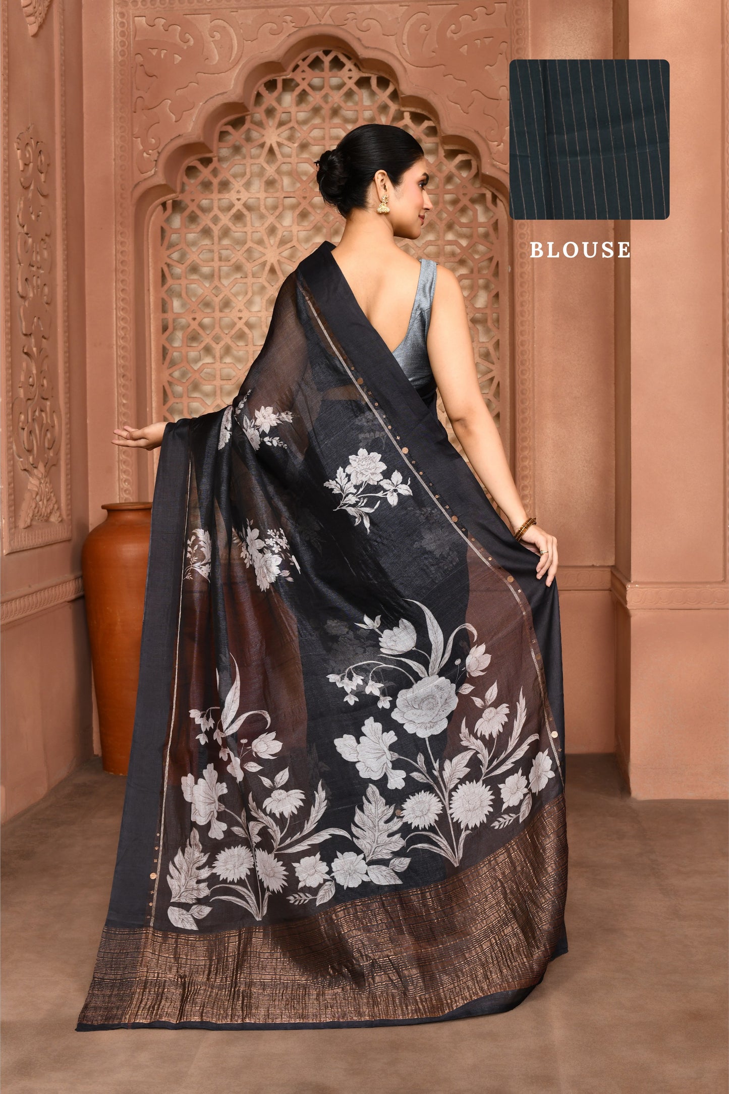 Megha Rose Radiance Tussar Silk Saree Black Saree featured