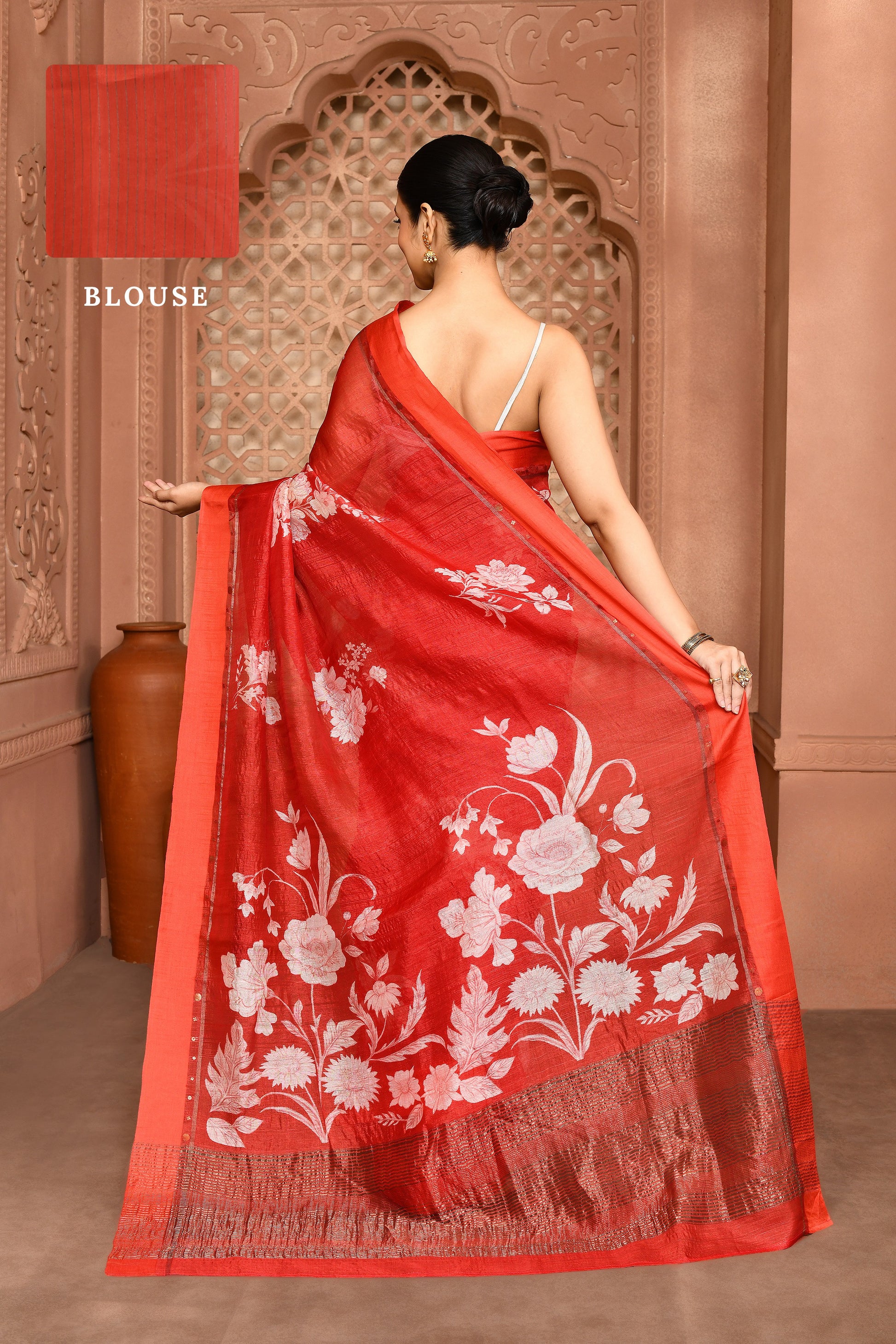 Megha Rose Radiance Tussar Silk Saree Crimson red Saree featured