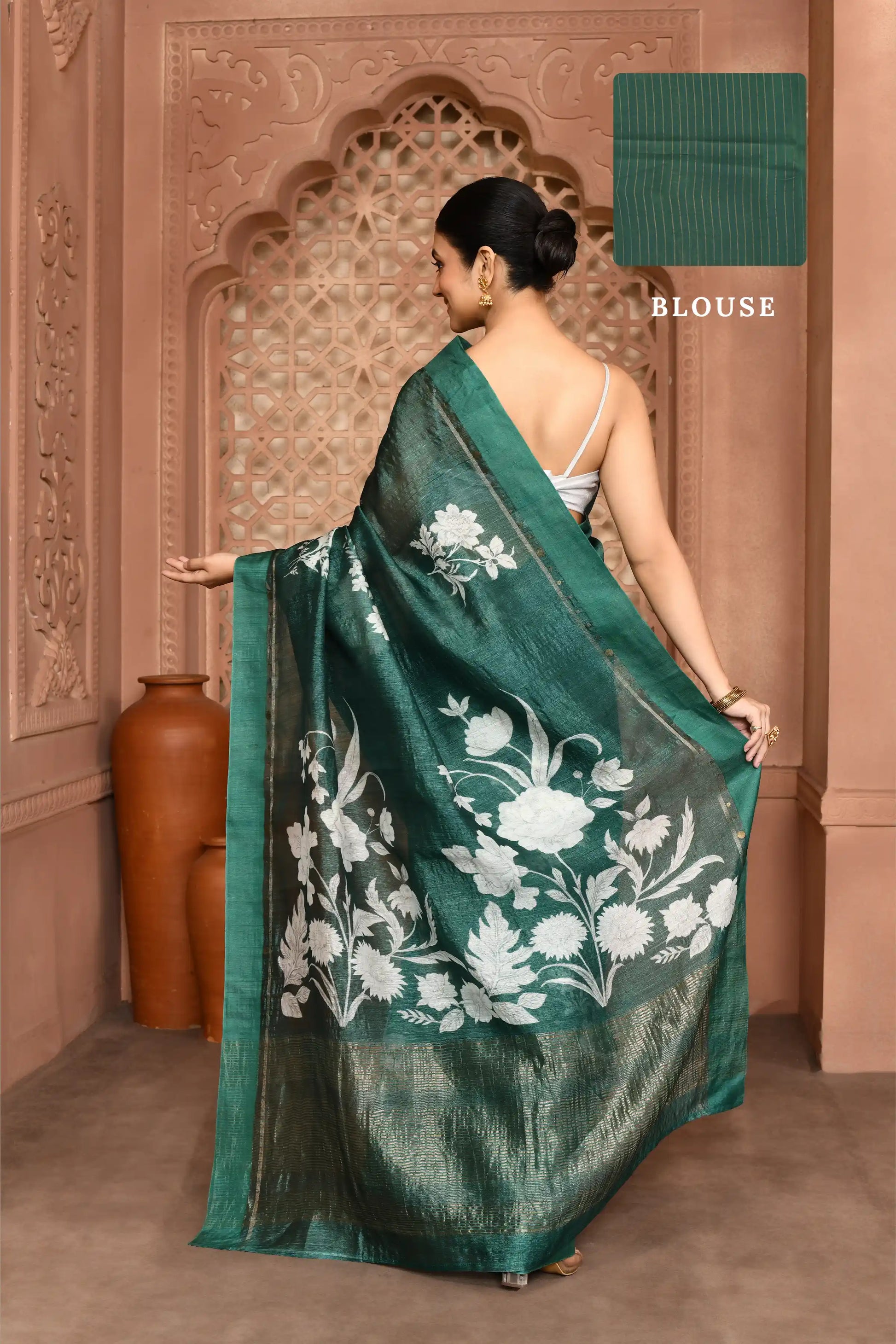 Megha Rose Radiance Tussar Silk Saree Green Saree featured