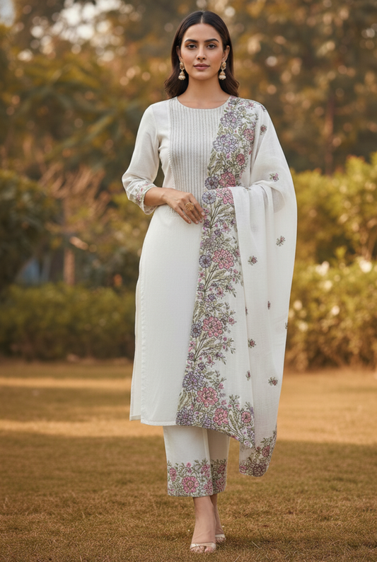 Mosaic Thread Mal Chanderi Kurti Material Light Beige Kurti Set featured