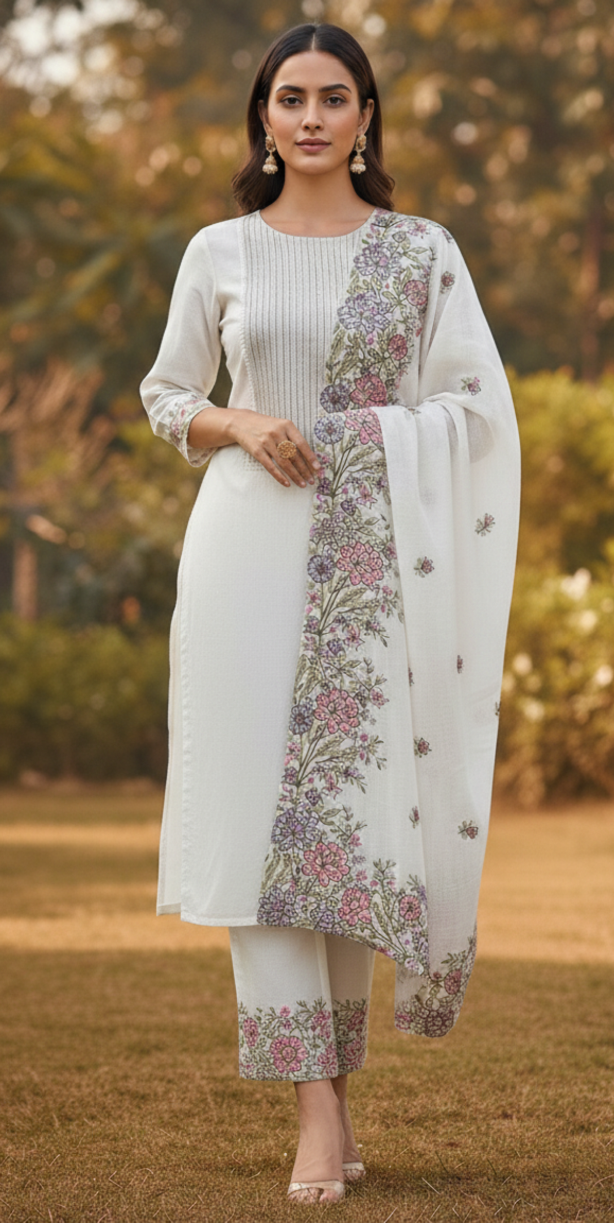 Mosaic Thread Mal Chanderi Kurti Material Light Beige Kurti Set featured
